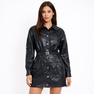 PrettyLittleThing Black Faux Leather Multi Pocket DetailUtility ShirtDress Size4